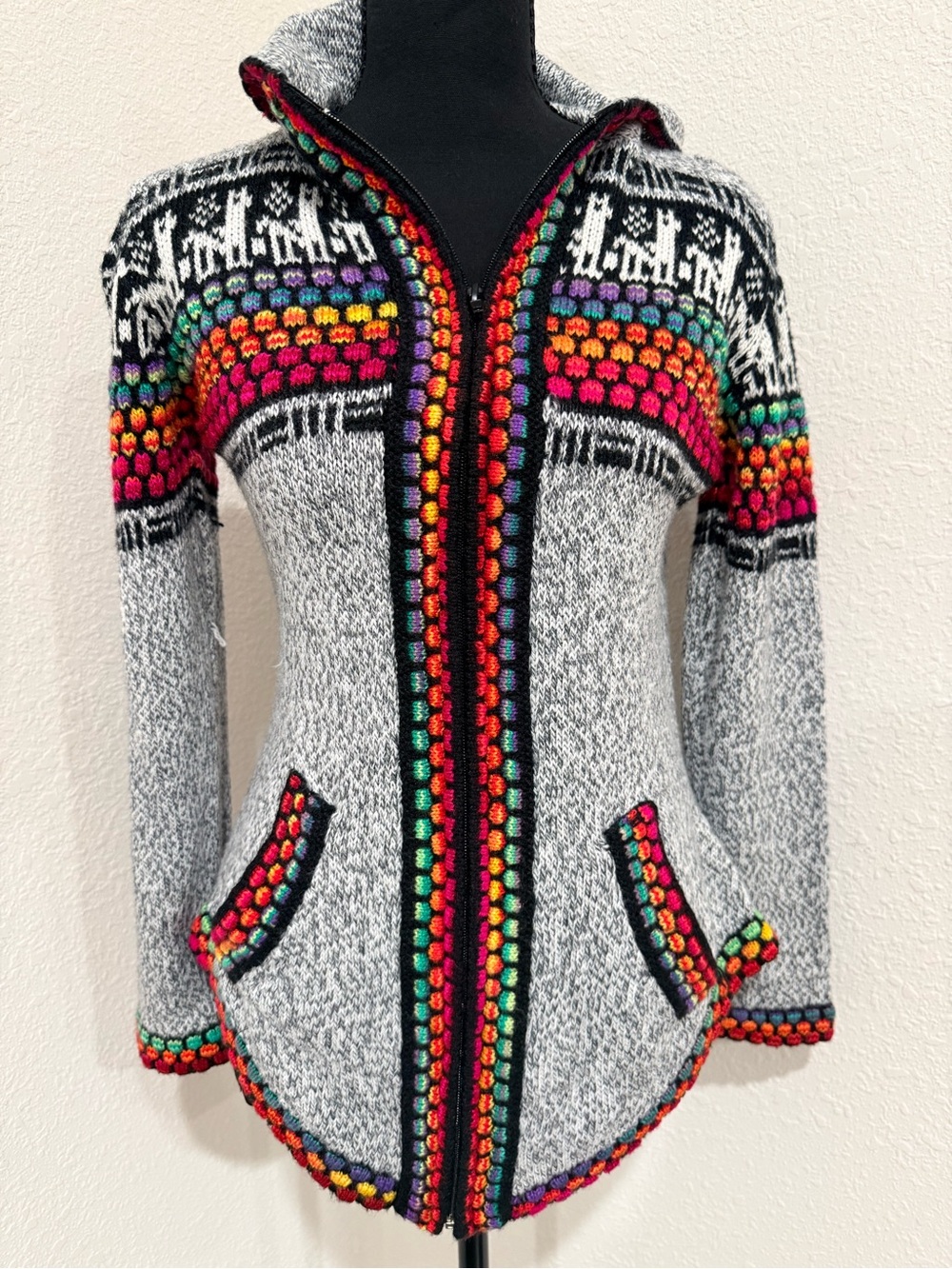 Gray Hooded Zip Cardigan with Multicolor Fair Isle Trim